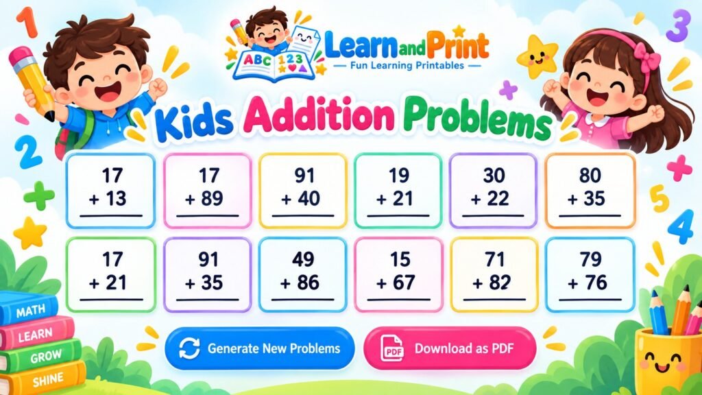 Free Addition Worksheet Generator for Kids and Teachers
