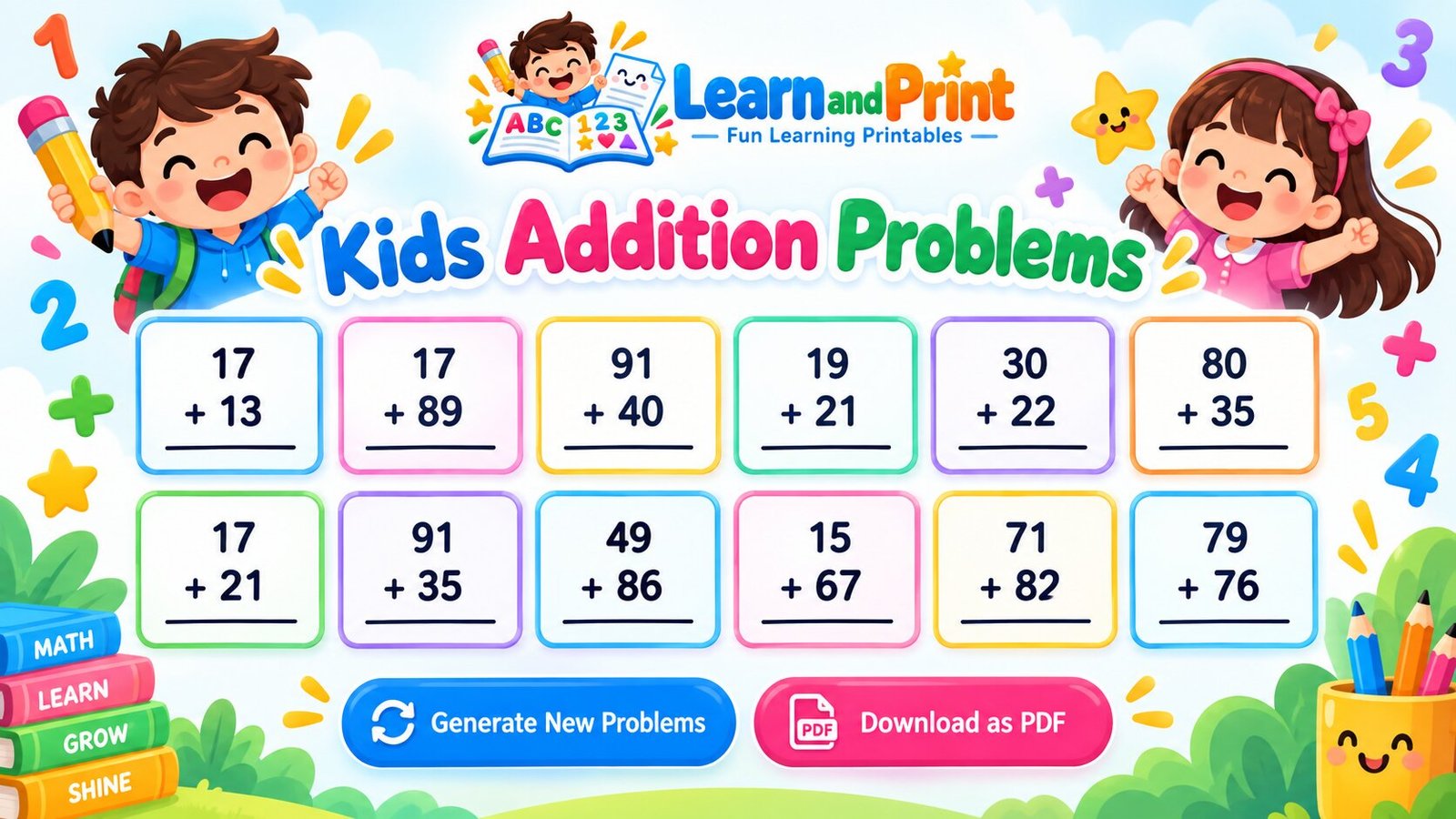 kids addition sheet